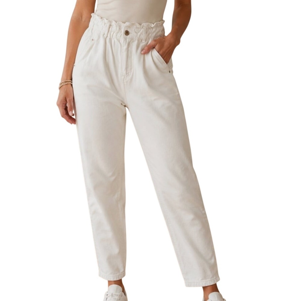 ZARA JEANS White Cotton PAPERBAG Elastic WAIST w/Zipper Fly, Tapered Leg US-4